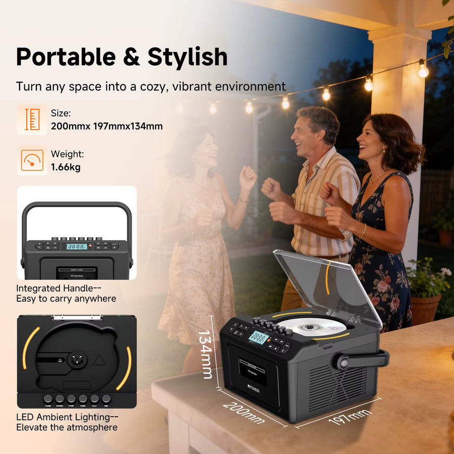RETEKESS TR642 Multifunktionale Bluetooth Boombox in Schwarz mit CD-Player, Kassettenrekorder, USB, TF, AUX sowie AM/FM Radio - Bild 5