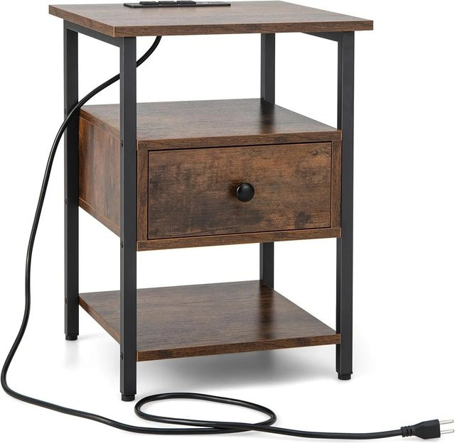 Costway Nachttisch im Industrial Design mit Ladestation und Schublade, Braun, B/T/H: 40 x 40 x 55 cm - Bild 1