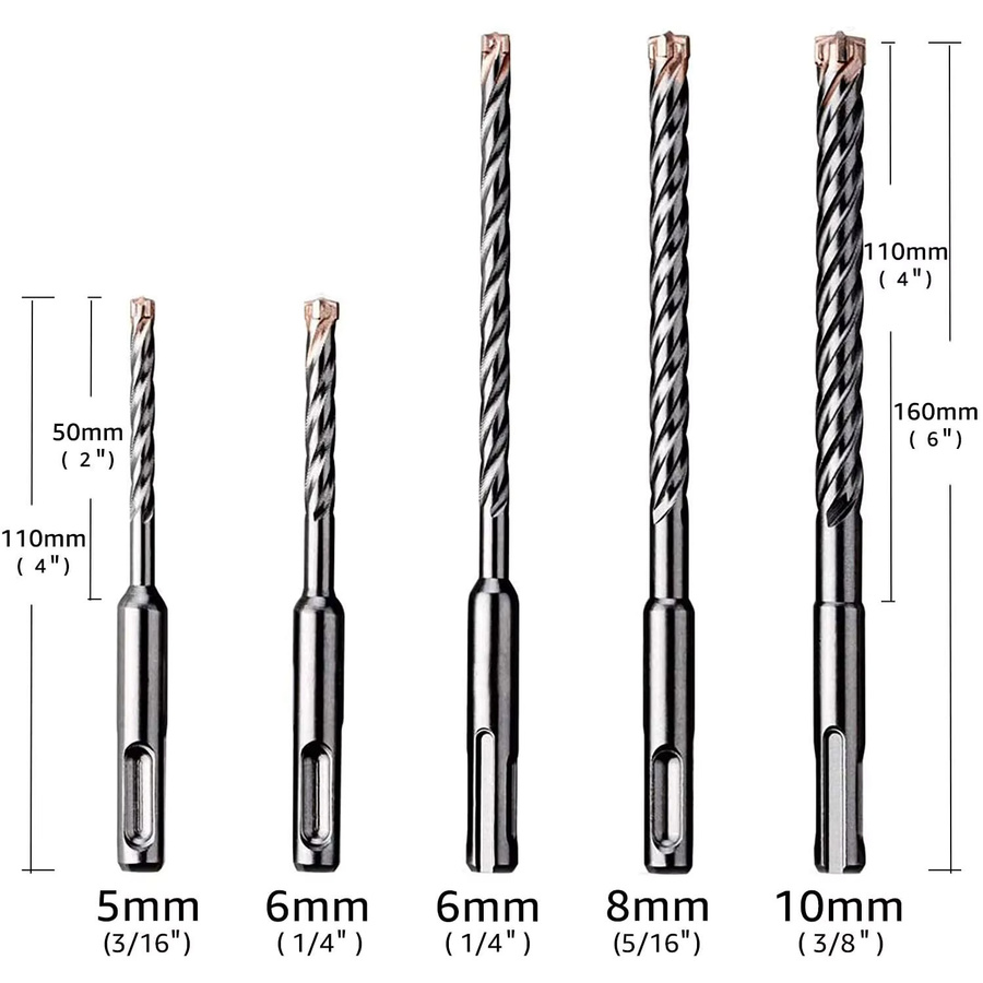 EZARC 5-teiliges SDS-Plus Bohrhammer-Bohrer-Set mit Hartmetallspitzen für Beton, Mauerwerk, Marmor, Ziegel und Fliesen in Silber - Bild 2