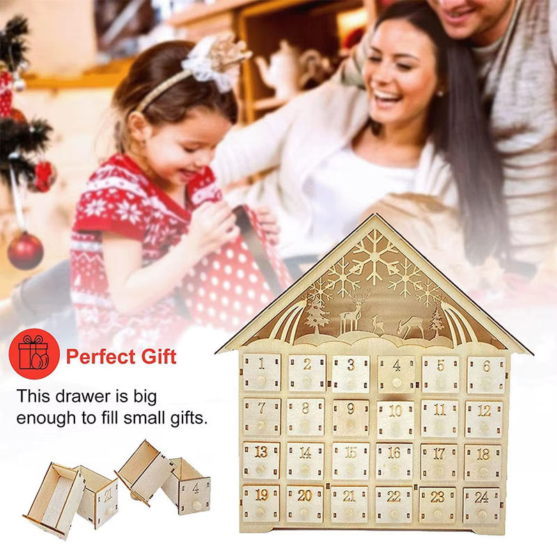 Handgemachter Adventskalender aus Holz in Hausform mit LED-Lichtern für 24 Tage, braun, skandinavisches Design - Bild 6