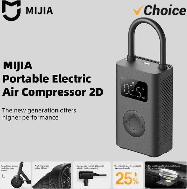 MIJIA Tragbarer Luftkompressor 2D Aufblasbarer Inflator mit 2000mAh Akku in Schwarz für Fahrrad, Auto, Motorrad und Ball - Bild 1