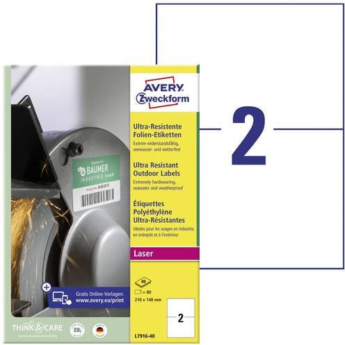 Avery Zweckform Ultra-Resist Folien-Etiketten L7916-40, Weiß, Polyethylen, A5, 80 Stück, für Laser, permanent haftend - Bild 1