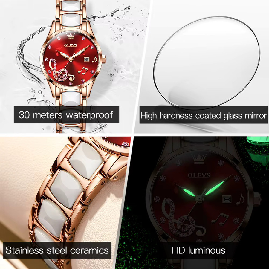 OLEVS Armbanduhr, Keramik, Quarz, Diamantbesetzt, Damen, Roségold - Bild 4