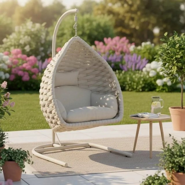 Bessagi Garden Hängesessel Sasa in Creme mit Standgestell und UV-beständigem Outdoorstoff für Garten, Balkon und Terrasse - Bild 1