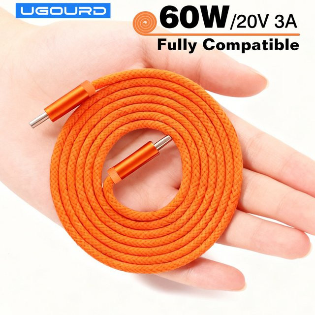 UGOURD USB-C auf USB-C Schnellladekabel 60 W mit 3A für iPhone, Samsung, Huawei und Xiaomi in Orange oder Blau - Bild 1