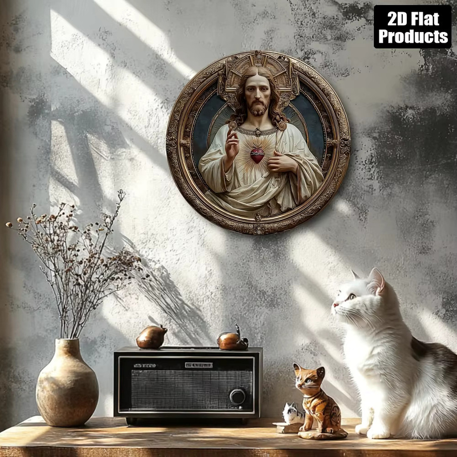 Rundes Metall-Wandschild Heiliges Herz Jesus von CIFBUY im Vintage-Stil, Durchmesser: 20,32 cm - Bild 3