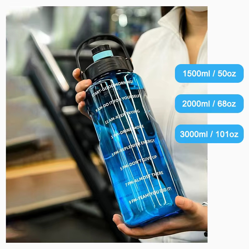 LUSQI Sportwasserbecher mit großem Fassungsvermögen und Strohhalm, auslaufsicher, mit Zeitstempel, Blau - Bild 3