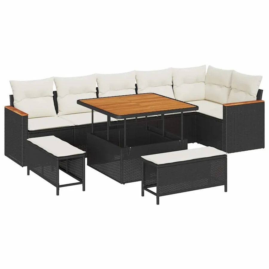 vidaXL Garten-Sofa-Set 9-teilig aus Poly-Rattan und Akazienholz in Schwarz mit Kissen - Bild 2