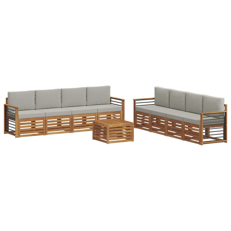 vidaXL Gartenmöbel Set 9-teilig aus Massivholz Akazie in Natur und Hellgrau mit Tisch, Sesseln und Kissen im modernen Latten-Design - Bild 2