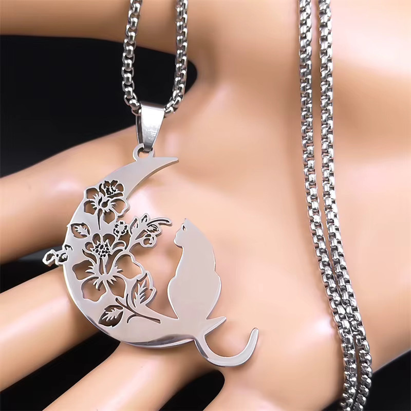 AFAWA Halskette Katze Blume Mond, Edelstahl, Silber, Unisex, Böhmen - Bild 2