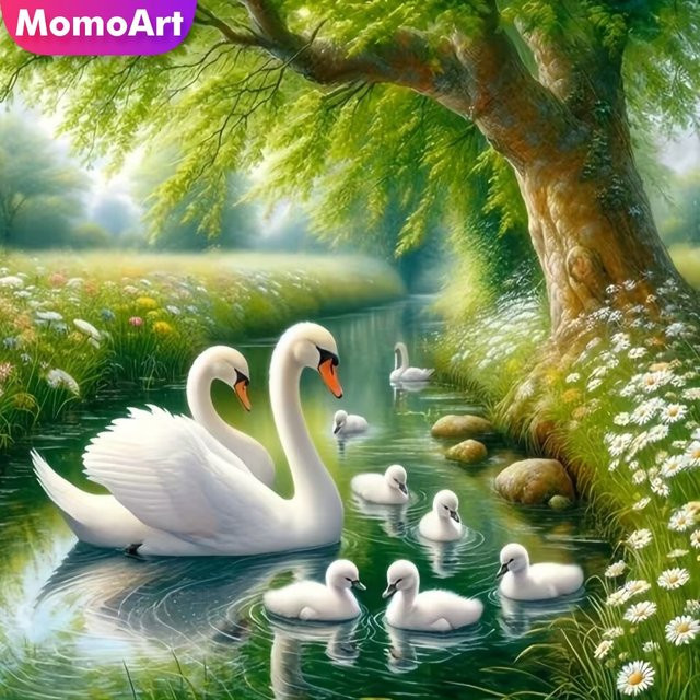 Momoart DIY Diamant-Stickerei Schwan Bastelset mit Fluss-Muster für Erwachsene und Anfänger, Multicolour, B/H: 20 x 20 cm - Bild 1