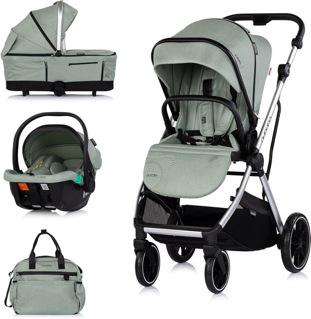 Chipolino Kombikinderwagen Aurora 3 in 1 Set mit Babyschale, Babywanne, Sportsitz und Wickeltasche in Grün - Bild 1