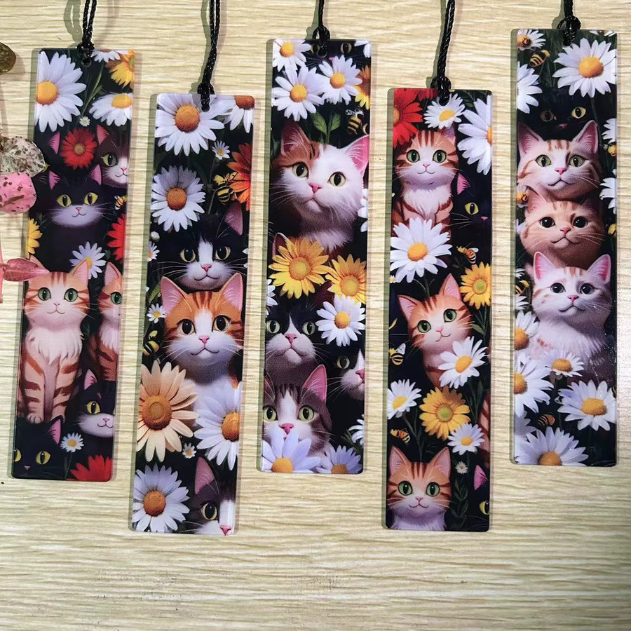 10 Stück Acryl-Lesezeichen mit Katzen, Hunden und Gänseblümchenmustern in Multicolour für Schule und Büro - Bild 1