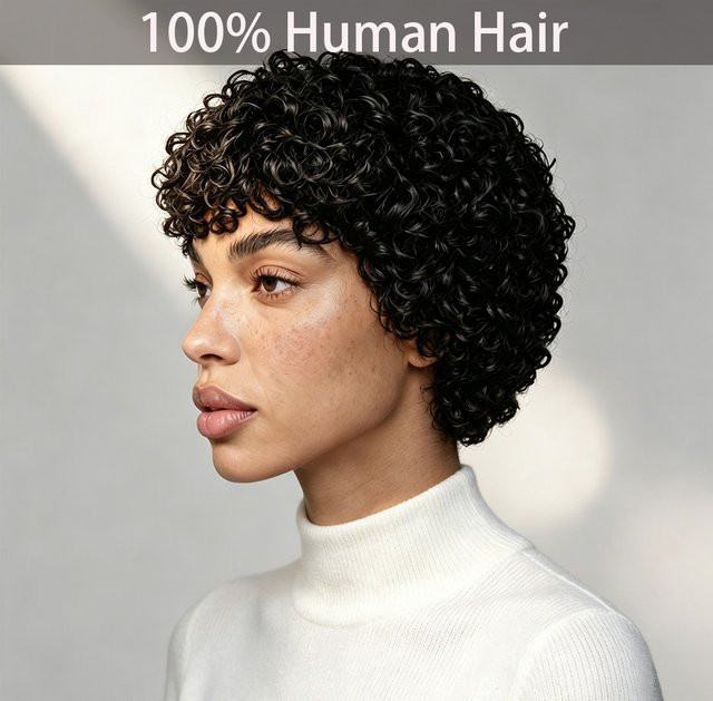 OYM HAIR Remy-Echthaarperücke, lockiger Pixie-Schnitt mit Pony, Damen - Bild 1