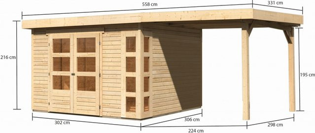 Gartenhaus KERKO 6 aus naturbelassenem Holz mit 240 m2 Anbaudach, Wandstärke 19 mm, B: 522 cm, T: 306 cm - Bild 1