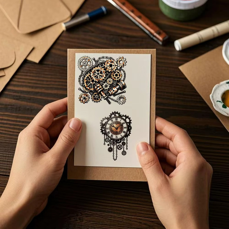 Transparente Silikonstempel im Vintage Steampunk Design mit Zahnrädern, mechanischen Uhren und Heißluftballon für kreative Gestaltungen - Bild 3