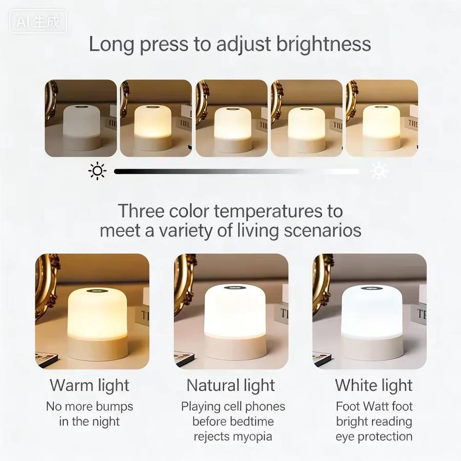 Dimmbares LED-Nachtlicht von ggbingo mit Touch-Steuerung, wiederaufladbare weiße Tischlampe im minimalistischen Zylinder-Design für das Schlafzimmer - Bild 4