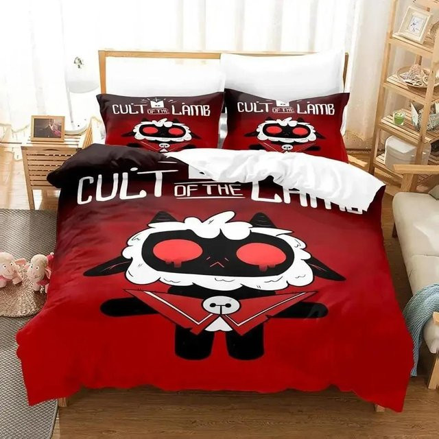 Cult of the Lamb Bettwäsche-Set mit 3D-Grafik in Rot, Material Mikrofaser, B/H: 135 x 200 cm - Bild 1