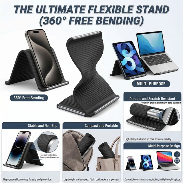 OSMR Multifunktionale faltbare Handyhalterung aus Aluminium und Silikon für Smartphone, Tablet und Laptop in Schwarz oder Orange - Bild 1