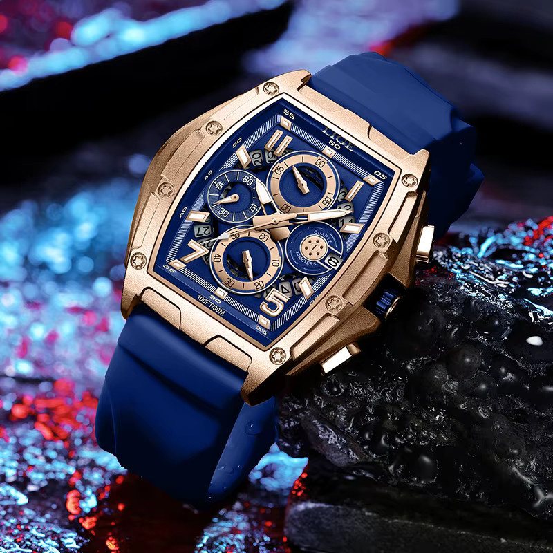 LIGE Chronograph, Quarz, Tonneau, Silikon, Blau, Herren - Bild 3