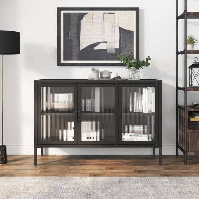 vidaXL Sideboard Schwarz aus Glas und Stahl mit Riffelglas, B/T/H: 105 x 35 x 70 cm - Bild 2
