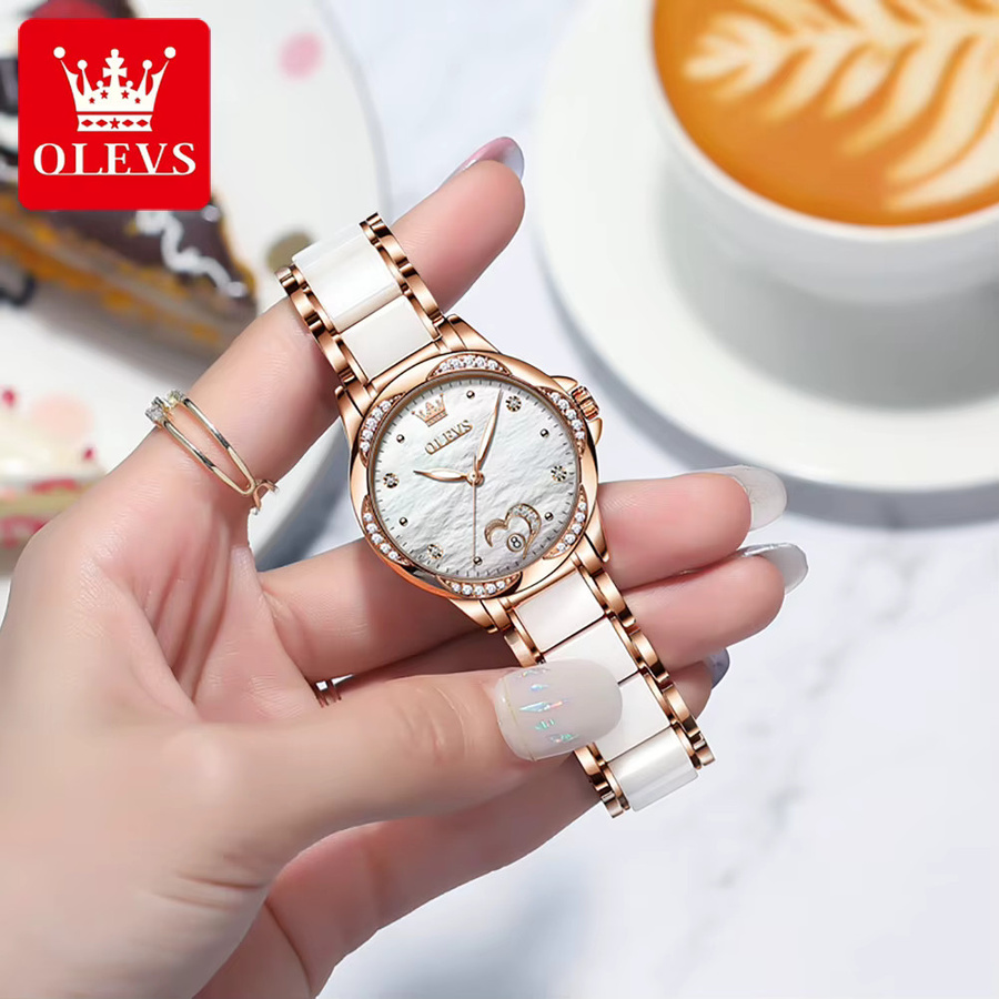 OLEVS Armbanduhr Automatik, Keramik, Roségold, Diamant, Damen - Bild 2
