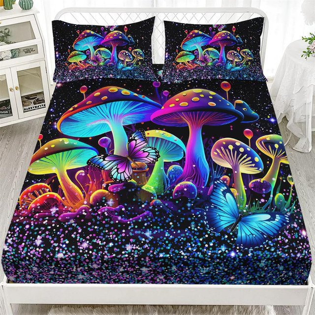 Bettwäscheset mit psychedelischem Pilz-Design von Binchi Fitness, 2-teilig bestehend aus Bettdecke und Kissenbezug, bunt, B/H: 90 x 200 cm - Bild 1