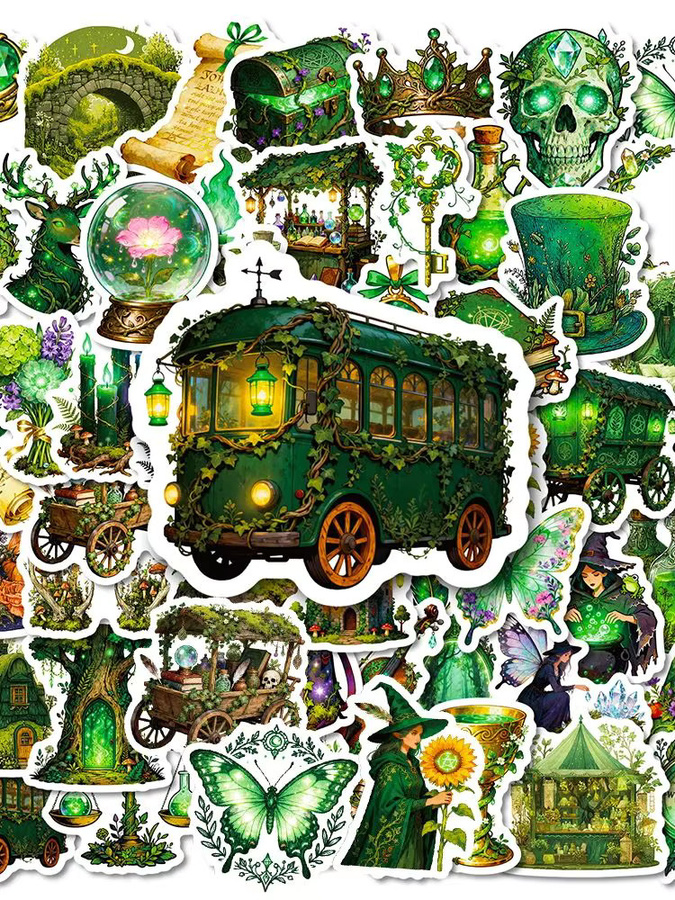 Rspctou Aufkleber Set Magischer Wald und Hexe in Grün im Retro Gothic Stil für Tagebuch und Koffer - Bild 4
