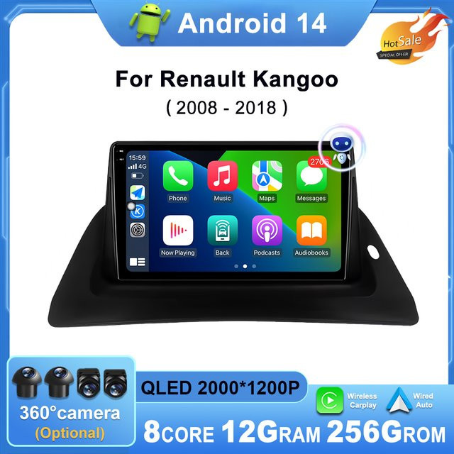 KJ-NAVI Android 14 Autoradio mit QLED-Bildschirm und kabellosem CarPlay für Renault Kangoo 2008-2009 und 2015-2018 in Schwarz - Bild 1
