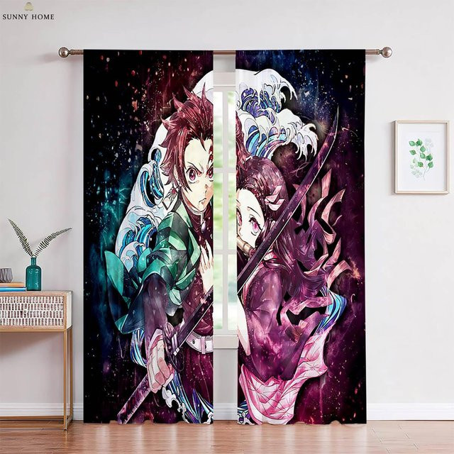 Yiran Furniture Anime Vorhänge mit Grafikdruck, 2er-Set, halbtransparent, Mehrfarbig, Breite: 50 cm, Höhe: 140 cm - Bild 1