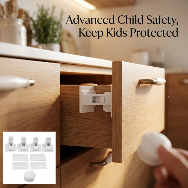 DHDH Magnetisches Kindersicherheits-Schrankschloss Set in Weiß mit 4 Schlössern und 1 Schlüssel für Schubladen und Kommoden - Bild 1