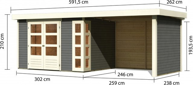 Gartenhaus KARIBU KERKO 5 aus nordischer Fichte in Terragrau mit Anbaudach, Rück- und Seitenwand, Flachdach, B/T/H: 302 x 246 x 210 cm - Bild 1