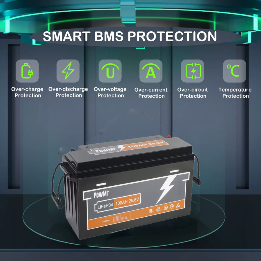 PowMr LiFePO4 Batterie 25,6V 100Ah 2560Wh mit 100A BMS Deep-Cycle Lithium-Eisenphosphat-Batterie in Schwarz für Solar, Wohnmobile, Marine und Golfcarts - Bild 6
