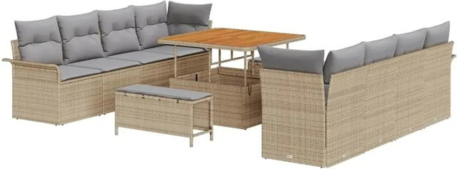 vidaXL Garten-Sofa-Set 11-tlg. aus Poly-Rattan und Akazienholz in Beige mit Polstern und Tisch - Bild 1