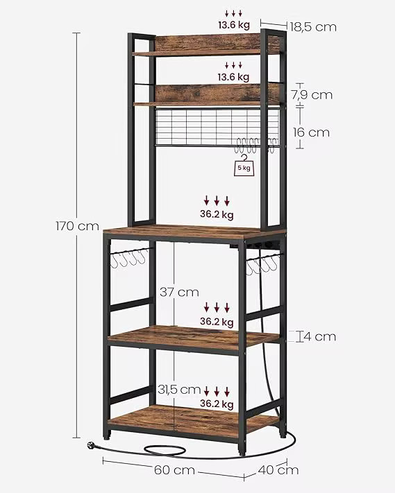 VASAGLE Standregal Küchenregal mit Steckdosen und 14 Haken, B/T/H: 40 x 60 x 170 cm - Bild 3