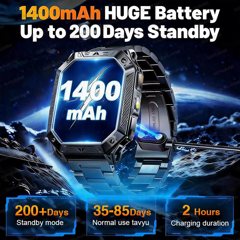 GUHUAVMI Militär-Smartwatch für Herren in Schwarz mit 1400mAh Akku, GPS, SOS-Funktion, Taschenlampe, Bluetooth-Anruf und 10ATM Wasserdichtigkeit - Bild 2