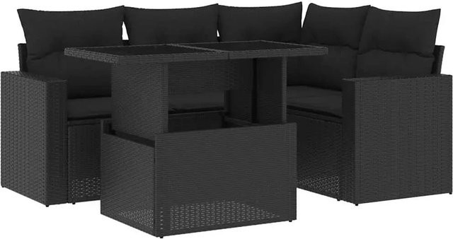 vidaXL 5-tlg Garten-Sofagarnitur in L-Form aus schwarzem Poly-Rattan mit Kissen und pulverbeschichtetem Stahlgestell - Bild 1