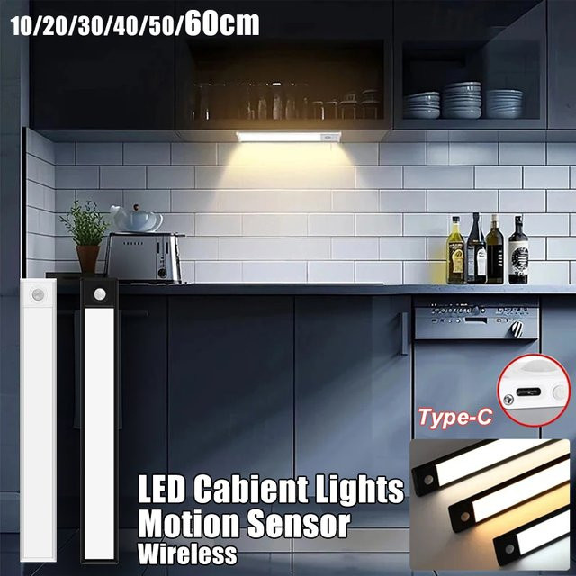 LINYILIGHT LED Nachtlicht mit Bewegungssensor, wiederaufladbare drahtlose Unterbauleuchte für Schrank, Küche und Schlafzimmer, Farbe: Weiß/Silber - Bild 1