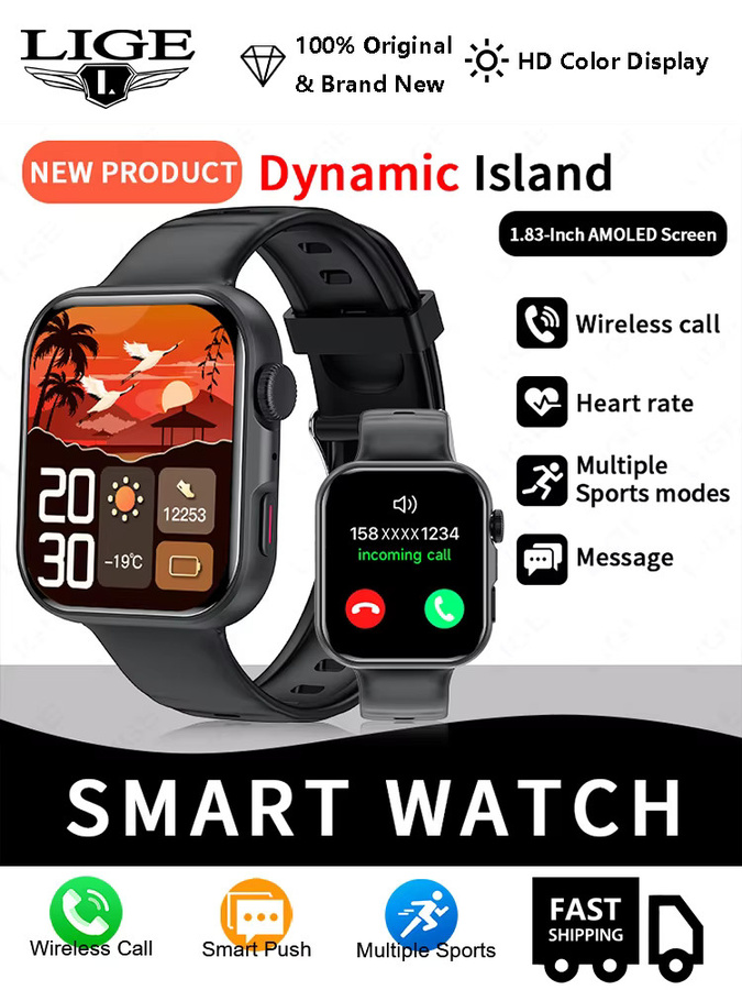 LIGE Smartwatch mit 1,83 Zoll AMOLED-Display, Bluetooth-Anruffunktion, SpO2-Messung und Dynamic Island, Schwarz, Unisex - Bild 6