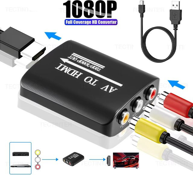 TECTINTER AV zu HDMI Adapter Konverter in Schwarz für Spielkonsolen mit HD 1080P Auflösung und USB-Kabel - Bild 1