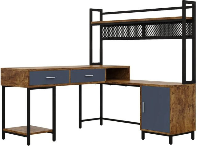 PXloue Eckschreibtisch in Schwarz mit Schrank und Drahtgitter im Industriestil, B/T/H: 140 x 140 x 135 cm - Bild 1