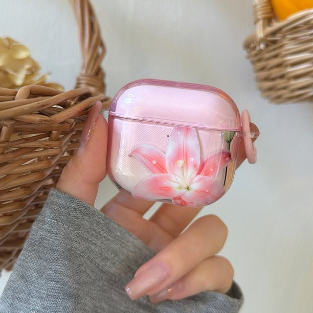 INS Fashion Transparente Kopfhörer-Schutzhülle mit rosa Lilienblüten für Apple AirPods 1, 2, 3, 4 und Pro/Pro 2/Pro 3 - Bild 1