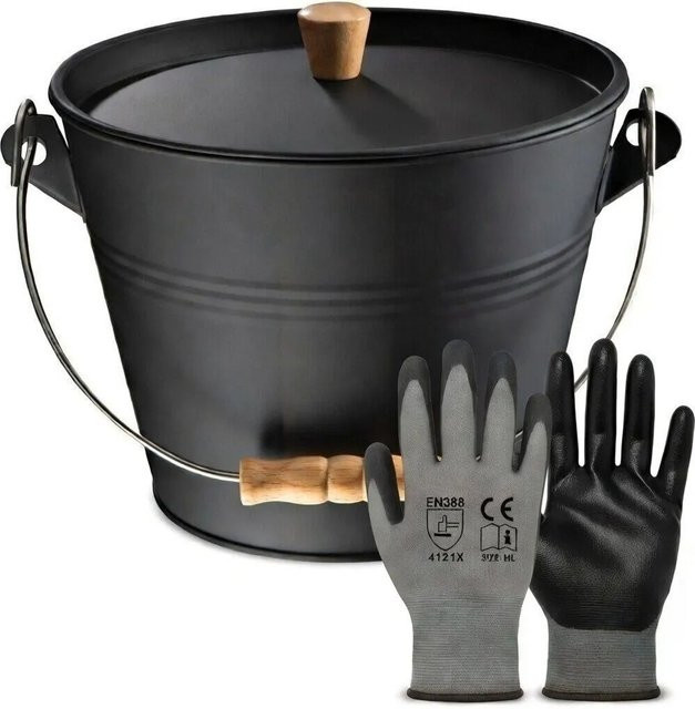 BLACK OAK Ascheeimer PAGO in Schwarz aus Metall mit Deckel und Holzknopf, 5 l, B/T/H: 24 x 24 x 22 cm - Bild 1