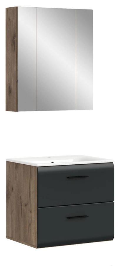 Badmöbel Set Cover von Inn.Furn in Schwarz und Eiche, 2-teilig mit Spiegelschrank und Waschtischunterschrank, Wandmontage, Breite: 60 cm - Bild 3