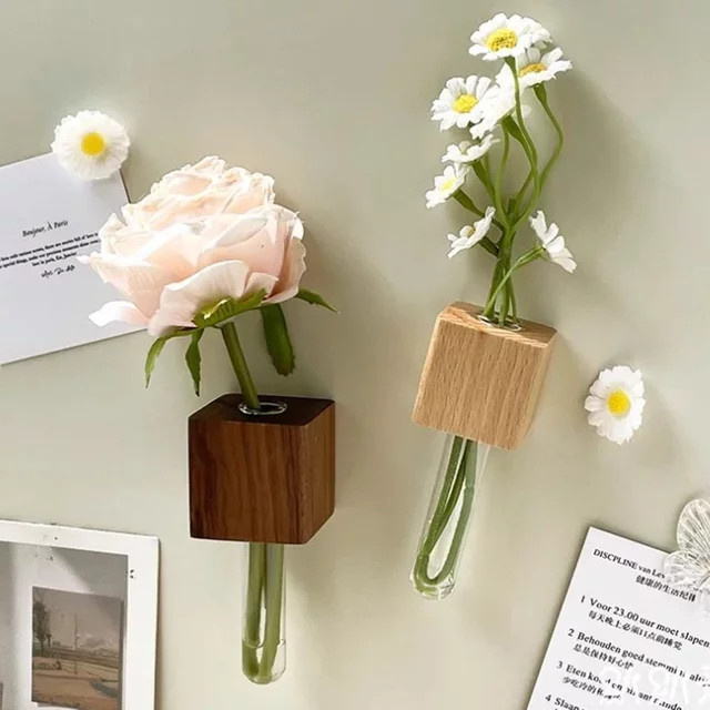 YOCITY Holz-Reagenzglas-Vase als Kühlschrankmagnet in Braun für DIY Blumenarrangements und Schrankdekoration - Bild 1