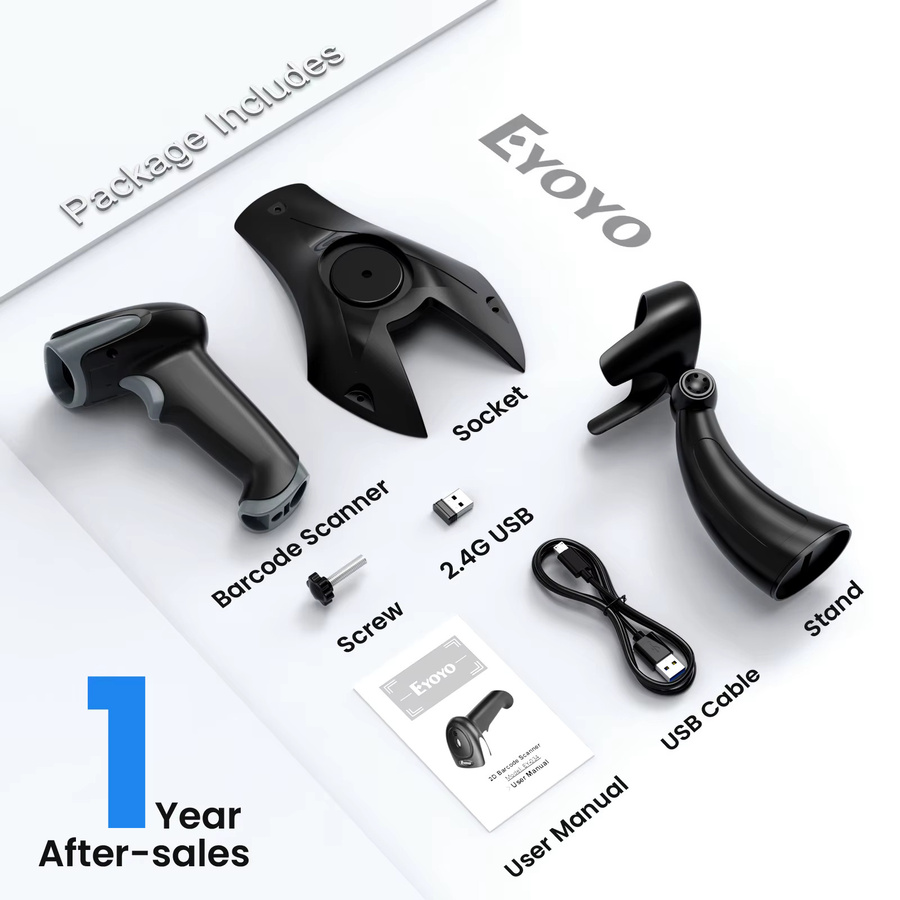 Eyoyo EY-019WS 2,4G Kabelloser Handscanner für QR-Codes, USB-C 1D 2D Barcode-Scanner mit verstellbarem Ständer und automatischer Erkennung, Schwarz - Bild 7