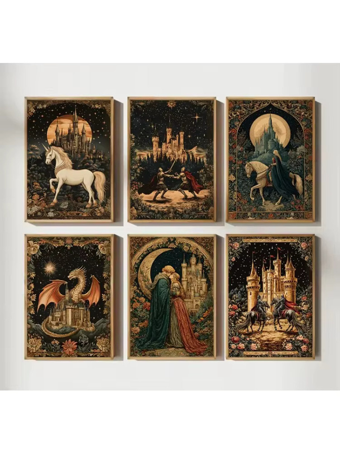Vintage Renaissance Leinwandmalerei mit Ritter, Schwert, Schloss und Drache als Wandkunst im Portraitformat - Bild 4