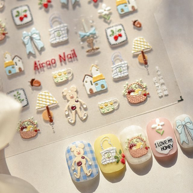 Rhstoe Nail Art Aufkleber, Retro Bär Schleife Erdbeere Blumenkorb, 5D - Bild 1