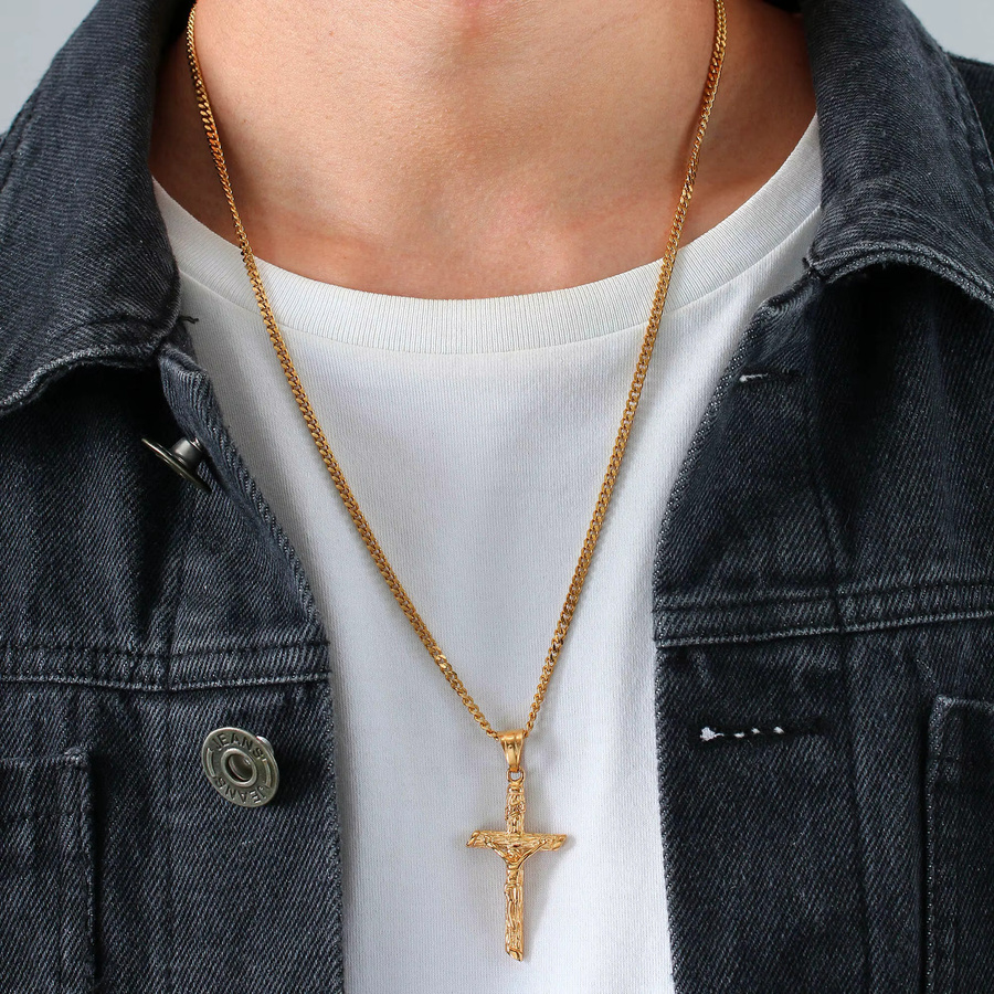 prjewel Halskette Edelstahl, Kreuz Anhänger, Gold, Unisex - Bild 3