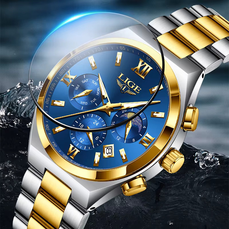 LIGE Armbanduhr Quarz, Edelstahl, Blau, Herren, Mondphase, Datum - Bild 2